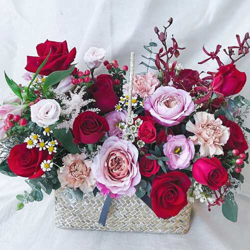 Red N Pink Flower Basket-Valentine's Flower Basket