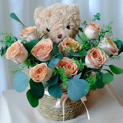 Roses And Teddy Arrangement-Birthday Rose And Teddy