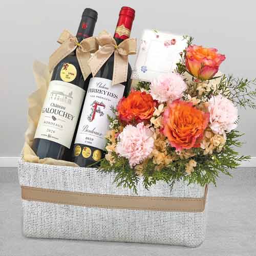 Floral Arrangement With Wine Duo-Anniversary Gifts Delivery