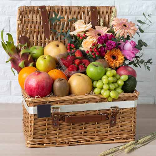 Fruits And Flowers In Picnic Basket-Fruits Basket Online Delivery