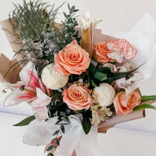 Coral Roses With Lilies-Anniversary Rose And Lily Bouquet